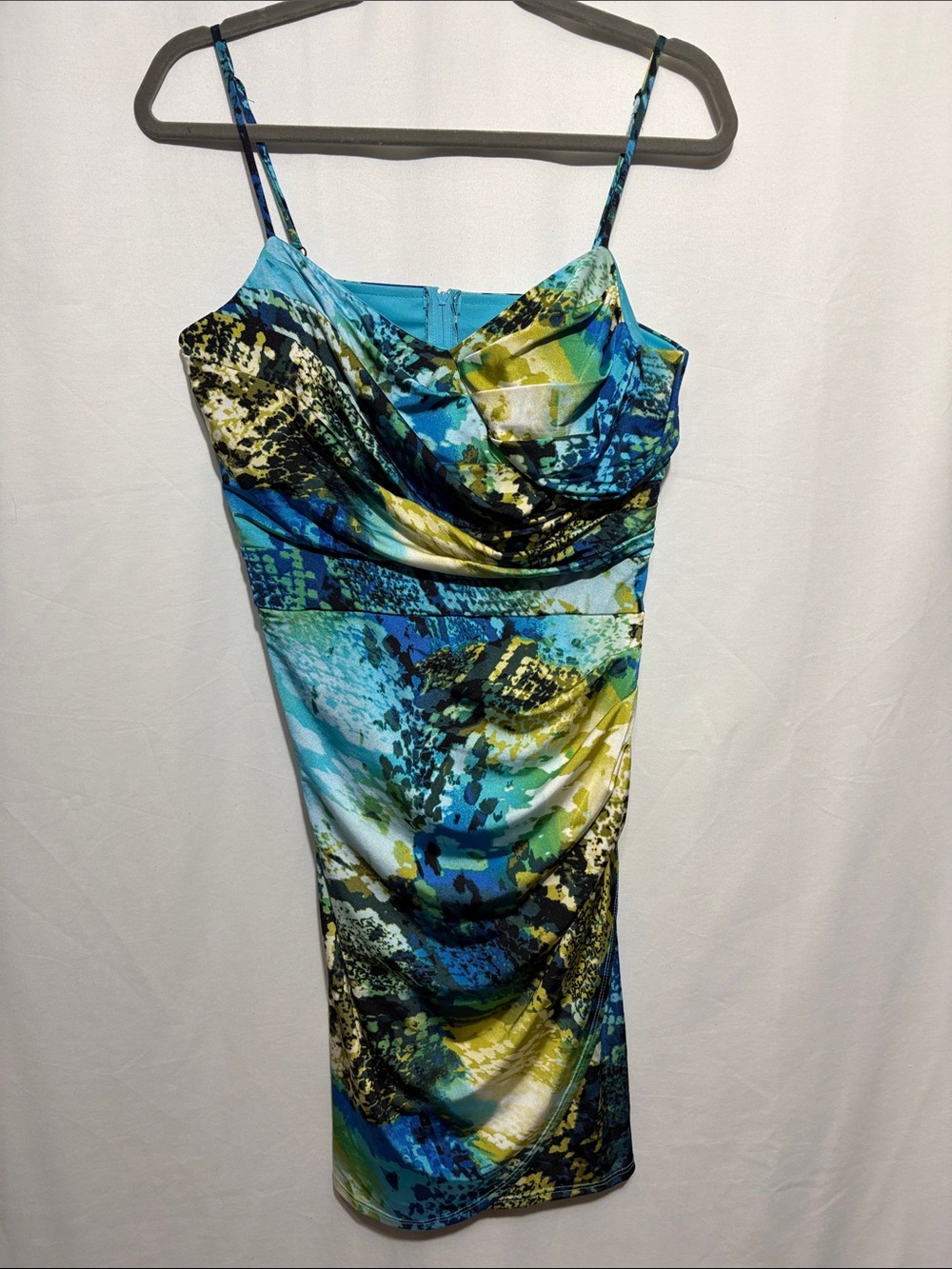 Bisou Bisou Blue Green Multi-Print Cowl Neck Spaghetti Strap Mini Dress